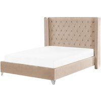 Bett Beige Samt mit Lattenrost 160 x 200 cm Hohes Gestepptes Kopfteil Knopfheftung Nieten Chesterfield Stil Retro Doppelbett Schlafzimmer Bett Beige Samt mit Lattenrost 160 x 200 cm Hohes Gestepptes Kopfteil Knopfheftung Nieten Chesterfield Stil Retro Doppelbett Schlafzimmer von BELIANI