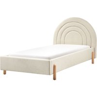 Bett Beige Stoff Gepolstert Lattenrost 90 x 200 cm Hohes Rundes Kopfteil Retro Schlafzimmer Möbel Ausstattung von BELIANI