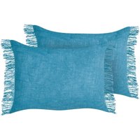 Beliani - Dekokissen 2er Set Blau Baumwollbezug mit Füllung 35x50 cm Rechteckig mit Fransen Einfarbig Modern Sofakissen Wohnzimmer Schlafzimmer von BELIANI