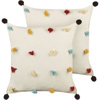 Dekokissen 2er Set Hellbeige Baumwollbezug mit Füllung 45 x 45 cm Quadratisch Bunte Pompons Quasten Strukturiert Zierkissen Sofakissen Dekokissen 2er Set Hellbeige Baumwollbezug mit Füllung 45 x 45 cm Quadratisch Bunte Pompons Quasten Strukturiert Zierkissen Sofakissen von BELIANI