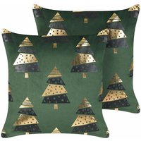Beliani - Dekokissen 2er Set in Grün aus Samtstoff 45 x 45 cm mit Gold Schwarz Tannenbaum Motiv Weihnachten Weihnachtliche Kissen - Gold von BELIANI