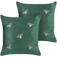 Dekokissen 2er Set Smaragdgrün Samtstoff 45 x 45 cm Quadratisch mit Stickerei Bienenmotiv Reißverschluss Modern Wohnzimmer Schlafzimmer Deko von BELIANI