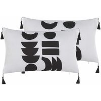 Beliani - Dekokissen 2er Set Weiß / Schwarz 50 x 30 cm Polyester mit Fransen Reißverschluss Zierkissen für Küche Esszimmer Wohnzimmer Salon Flur von BELIANI