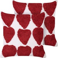 Beliani - Dekokissen 2er Set Weiß u. Rot aus Baumwolle mit Herzen Getuftet 45 x 45 cm Quadratisch Abnehmbarer Bezug für Jugendzimmer Kinderzimmer von BELIANI