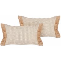 Dekokissen 2er Set Beige 30 x 50 cm Rechteckig mit Fransen Geometrisches Muster Boho Modern Wohnaccessoires Deko für Sofa Couch von BELIANI