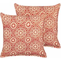 Dekokissen 2er Set Rot Baumwolle 45 x 45 cm Bezug mit Füllung Reißverschluss Geometrisches Muster Retro Sofakissen Wohnzimmer Schlafzimmer - Rot von BELIANI