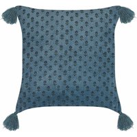 Beliani - Dekokissen Dunkelblau Samt und Baumwolle Bezug mit Füllung Blumenmuster Quasten 45 x 45 cm Modern Sofakissen Wohnzimmer Salon Schlafzimmer von BELIANI
