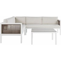 Beliani - Lounge Set Weiß und Braun Aluminium Flechtseil mit Kissen Beige Couchtisch Sicherheitsglas 4-Sitzer Ecksofa Linksseitig Terrasse Outdoor von BELIANI