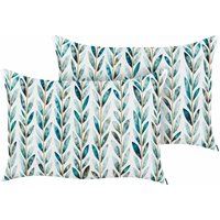 Gartenkissen 2er Set Weiß / Grün 40 x 60 cm Rechteckig Blättermotiv Blättermuster Outdoor Kissen für Garten Terrasse von BELIANI