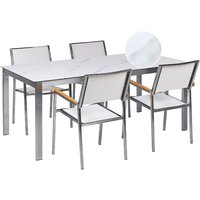 Gartenmöbel Set 7-Teilig Weiß Marmor Optik Edelstahl 4 Stühle Polyester Tisch 180x90cm Sicherheitsglas Keramik Gartenausstattung Outdoor Indoor von BELIANI