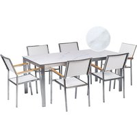 Beliani - Gartenmöbel Set 7-Teilig Weiß Marmor Optik Edelstahl 6 Stühle Polyester Tisch 180x90cm Sicherheitsglas Keramik Gartenausstattung Outdoor von BELIANI