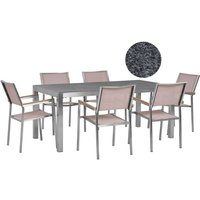 Gartenmöbel Set Beige Grau Granit Edelstahl Tisch 180 cm Poliert 6 Stühle Terrasse Outdoor Modern - Silber von BELIANI