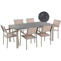 Gartenmöbel Set Beige Schwarz Granit Edelstahl Tisch 180 cm Geflammt 6 Stühle Terrasse Outdoor Modern - Silber von BELIANI