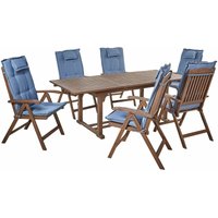 Gartenmöbel Set Dunkelbraun und Blau Akazienholz 7-Teilig Ausziehtisch mit 6 Stühlen 6 Auflagen Klappbar Verstellbar Modern Garten Ausstattung Gartenmöbel Set Dunkelbraun und Blau Akazienholz 7-Teilig Ausziehtisch mit 6 Stühlen 6 Auflagen Klappbar Verstellbar Modern Garten Ausstattung von BELIANI