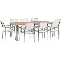 Beliani - Gartenmöbel Set Eukalyptusholz Edelstahl Tisch 220 cm 8 Stühle Weiß Terrasse Outdoor Modern Garten Terrasse von BELIANI