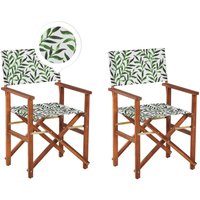 Beliani - Gartenstühle 2er Set Dunkles Akazienholz mit Wechselbarem Bezug Grau / Grün Zusammenklappbar Blattmuster Outdoor Gartenzubehör von BELIANI