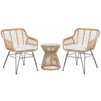 Balkonset Hellbraun Rattan Stahl Sicherheitsglas 2 Stühle Beistellstisch mit Auflagen Balkon Terrasse Garten - Schwarz von BELIANI