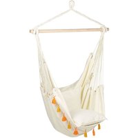 Hängesessel Hellbeige Baumwolle und Polyester Schaukelsitz mit Orangen Pompons für Drinnen Draußen Boho-Stil Brasilianischer Hängemattenstuhl von BELIANI