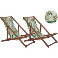 Liegestühle 2er Set aus dunklem Akazienholz mit buntem Bezug zusammenklappbar Flamingomuster Gartenausstattung Outdoor Gartenzubehör Modern von BELIANI
