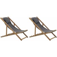 Beliani - Liegestuhl 2er Set Hellbraun und Dunkelgrau Akazienholz mit 2 Ersatzstoffbezügen zur Auswahl Zusammenklappbar Modern Balkon Garten Outdoor von BELIANI