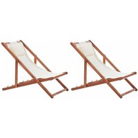 Liegestuhl 2er Set Dunkelbraun und Cremeweiß Akazienholz mit 2 Ersatzstoffbezügen zur Auswahl Zusammenklappbar Modern Balkon Garten Outdoor - Weiß von BELIANI