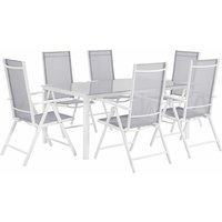 Gartenmöbel Set Grau Glas Aluminium Stoffbespannung 7-Teilig 6-Sitzer Modern Tisch 160 x 91 cm und 6 Stühle Terrasse Outdoor Ausstattung - Weiß von BELIANI