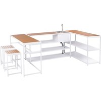 Beliani - Outdoor-Küche Weiß Stahl u. Kunstholz 5er Set mit Spüle 2 Hocker 3 Inseln Modern für Garten Draußen Outdoor-Küchenmöbel Gartenküche von BELIANI