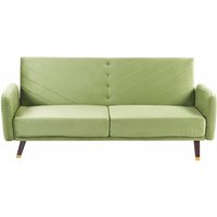 Beliani - Sofa Olivgrün Samtstoff 3-Sitzer mit Schlaffunktion Armlehnen Holzbeinen Retro Glamourös Wohnzimmer Couch Schlafsofa - Dunkler Holzfarbton von BELIANI