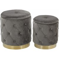 Pouf 2er Set Grau Samtstoff Gesteppt mit Stauraum Goldener Metallring Runde Form Chesterfield Stil Retro Wohnzimmer Schlafzimmer Flur Modern - Gold von BELIANI