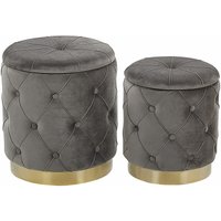Pouf 2er Set Grau Samtstoff Gesteppt mit Stauraum Goldener Metallring Runde Form Chesterfield Stil Retro Wohnzimmer Schlafzimmer Flur Modern von BELIANI