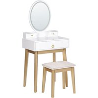 Schminktisch Weiß und Gold MDF-Platte mit Holzbeinen Ovalem LED-Spiegel 3 Schubladen Hocker Glamour für Erwachsene Schlafzimmer Jugendzimmer von BELIANI