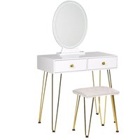 Beliani - Schminktisch Weiß und Gold MDF-Platte mit Metallbeinen Ovalem LED-Spiegel 2 Schubladen Hocker Glamour für Erwachsene Schlafzimmer von BELIANI