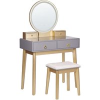 Beliani - Schminktisch Grau und Gold MDF-Platte mit Holzbeinen Rundem LED-Spiegel 4 Schubladen Hocker Glamour für Erwachsene Schlafzimmer von BELIANI