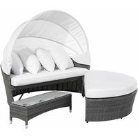 Beliani - Strandkorb grau/cremeweiß Polyrattan Baumwolle 2-Sitzer Sonnendach inkl. Kissen Ottomane Tisch - Weiß von BELIANI