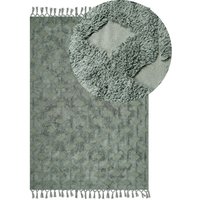 Teppich Grün Baumwolle 140 x 200 cm Rechteckig Geometrisches Muster Boho mit Fransen Boho Fußbodenheizug Geeignet Wohnzimmer Schlafzimmer von BELIANI