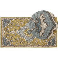 Teppich Läufer Gelb und Blau Wolle 80 x 150 cm Kurzflor Orientalisches Design Vintage Handgetuftet Rechteckig Wohnzimmer Schlafzimmer Flur - Braun von BELIANI