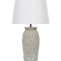 Tischlampe Grau und Weiß Keramik Ornamente Antik Optik 48cm Stoffschirm Kegelform langes Kabel mit Schalter handgemacht Schlaf- u. Wohnzimmer von BELIANI
