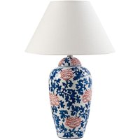 Tischleuchte Weiß und Blau Porzellansockel Leinenglockenschirm mit Blumenmuster Beleuchtung Stilvoll von BELIANI