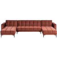 Wohnlandschaft Hellrot aus Samtstoff Gesteppt U-Form 5-Sitzer Verstellbare Rückenlehne Schlaffunktion L-Form Schlafsofa Steppung Wohnzimmer von BELIANI