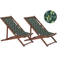 Liegestühle 2er Set aus dunklem Akazienholz mit grünem Bezug zusammenklappbar Olivenzweigmotiv Gartenausstattung Outdoor Gartenzubehör Modern von BELIANI