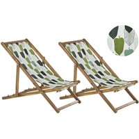 Liegestühle 2er Set Weiß / Grün aus hellem Akazienholz mit Bezug zusammenklappbar Blättermotiv Gartenausstattung Outdoor Gartenzubehör Modern von BELIANI