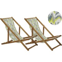 Beliani - Liegestühle 2er Set aus hellem Akazienholz mit gelb-grauem Bezug zusammenklappbar Zick Zack Muster Gartenausstattung Gartenzubehör Modern von BELIANI