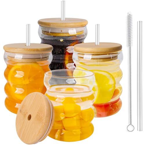 BELICOO 4 Stück Geriffelte Trinkgläser mit Glasstrohhalmen, 320ml/11oz Eiskaffeegläser mit Deckel und Strohhalm, Wellen-Gläser, Longdrinkgläser, Trinkgläser in Dosenform, Iced Coffee Glas, Cocktails von BELICOO