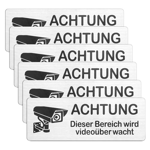 Videoüberwachung Schild 6 Stück 8.5x3 cm Selbstklebend Aluminium Schild Warnschild, Achtung videoüberwachung Schild Hinweisschild Videoüberwachung Hinweisschild Achtung Videoüberwachung von BELIHOME