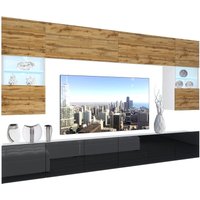 BELINI Wohnwand Vollausstattung Wohnzimmer-Set Moderne Schrankwand mit LED-Beleuchtung Anbauwand TV-Schrank Eiche Wotan/Schwarz von BELINI