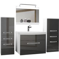Badezimmer Badmöbel Set Vollausstattung mit Waschbecken Unterschrank Waschtisch Spiegel Lampe Möbel Grau Glänzend - Belini von BELINI