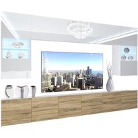 Wohnwand Vollausstattung Wohnzimmer-Set Moderne Schrankwand mit LED-Beleuchtung Anbauwand TV-Schrank Weiß/Sonoma Eiche - Belini von BELINI
