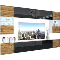 Wohnwand Vollausstattung Wohnzimmer-Set Moderne Schrankwand mit LED-Beleuchtung Anbauwand TV-Schrank Wotan Eiche/Schwarz - Belini von BELINI