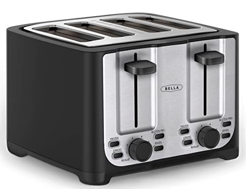 BELLA 4 Scheiben Toaster mit Automatischer Abschaltung, Extra Breite Schlitze und Abnehmbare Krümelschublade Sowie Abbruch, Auftau- und Aufwärmfunktion, Edelstahl und Schwarz von BELLA