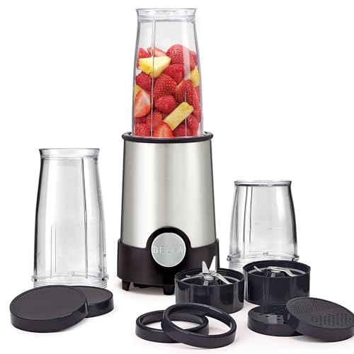 BELLA Raketenmixer in persönlicher Größe, perfekt für Smoothies, Shakes und gesunde Getränke, leicht zu mahlen, Basis mit 240-W-Motor, 12-teiliges Mixer-Set, Edelstahl/schwarz von BELLA